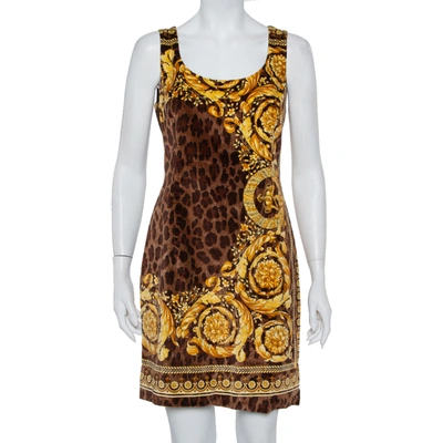 Pre-owned Versace Brown Animal And Baroque Print Velvet Sleeveless Sheath Dress M