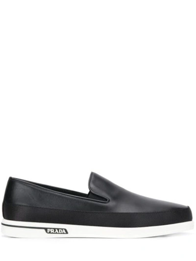 Prada Men's  Black Leather Slip On Sneakers