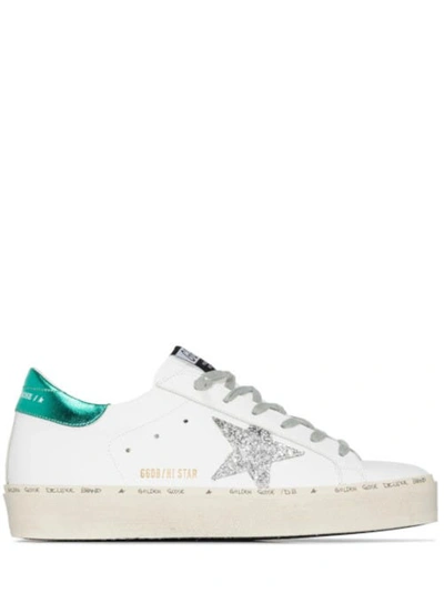 Golden Goose Hi Star Distressed Glittered Leather Sneakers In White,light Blue,silver