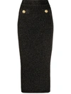 BALMAIN BLACK LONG KNIT AND LUREX HIGH-WAISTED SKIRT WITH GOLD-TONE BUTTONS
