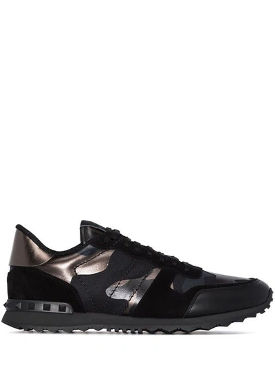 Valentino Garavani Rockrunner Metallic Camouflage-print Sneakers In Black