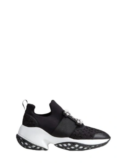 Roger Vivier Viv Run Crystal-embellished Stretch, Mesh And Leather Trainers In Black