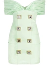 BALMAIN GREEN VISCOSE OFF-THE-SHOULDER DRESS WITH SQUARE BUTTONS
