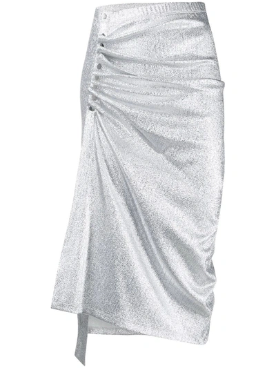 Rabanne Womens Silver Ruched High-waist Stretch-woven Midi Skirt 10