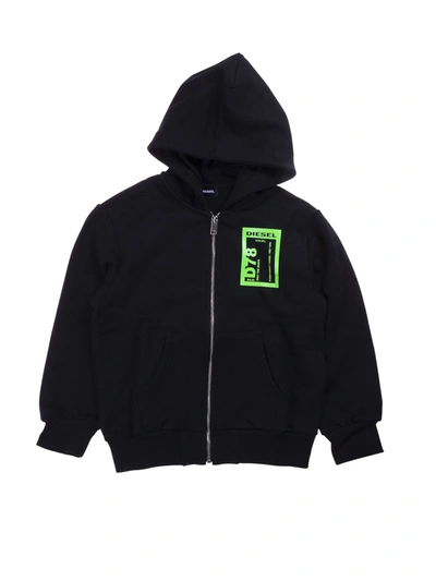 Diesel Kids' Zipped Sweatshirt In Black And Fluo Green