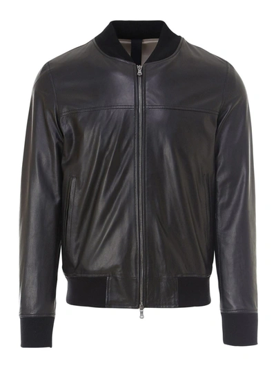 Orciani Soft Nappa Leather Jacket With Knitted College Collar, Zip Closure And Knit At The Bottom In Black