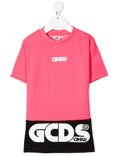 Gcds Kids' Colour-block Logo Print T-shirt Dress In Pink