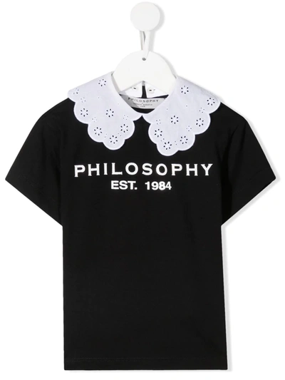 Philosophy Di Lorenzo Serafini Kids' Cotton T-shirt W/ Eyelet Lace Collar In Black