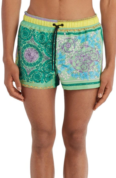 Versace Men's Pastel Barocco Patchwork Swim Shorts In Lilac