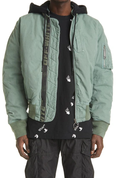 Off-white Arrow Print Vintage Canvas Bomber Jacket In Green