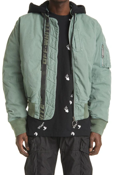 Off-white Arrow Print Vintage Canvas Bomber Jacket In Hedge Green