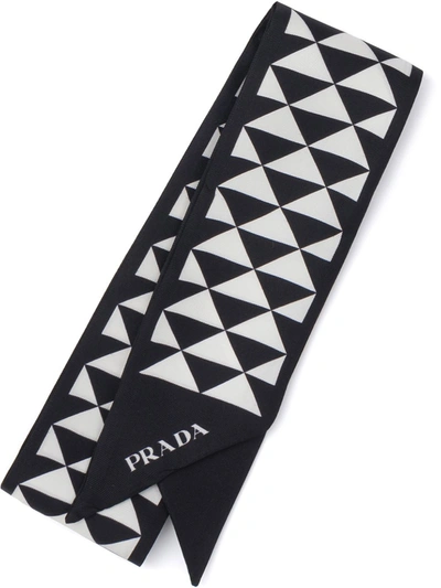 Prada Triangle-print Silk Ribbon Scarf In Black/white