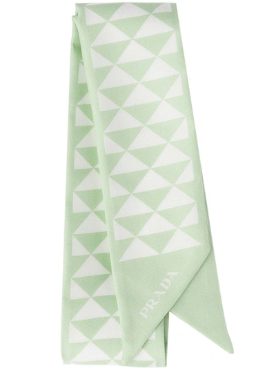 Prada Triangle-print Silk Ribbon Scarf In Aqua/white