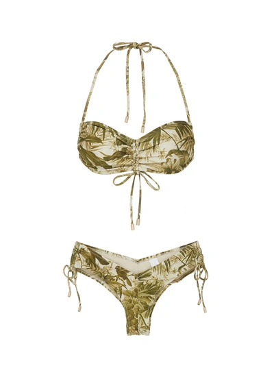 Zimmermann Brighton' Palm Print Ruch Bikini Set In Green