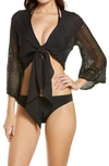 ELAN OPEN STITCH ACCENT TIE FRONT COVER-UP TOP,CR10262