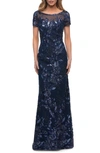 La Femme Beaded Floral Short-sleeve Gown With Sheer Neckline In Navy