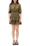 Maje Satin Dress With Smocking And Ruffles In Khaki