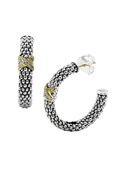 Lagos Sterling Silver & 18k Yellow Gold Embrace Diamond Hoop Earrings In Silver/gold
