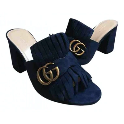 Pre-owned Gucci Marmont Navy Suede Sandals