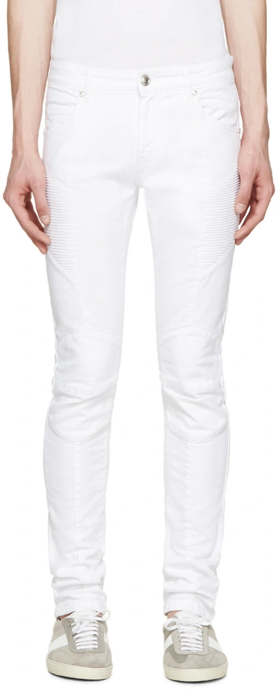 Pierre Balmain White Skinny Biker Jeans In Off White | ModeSens