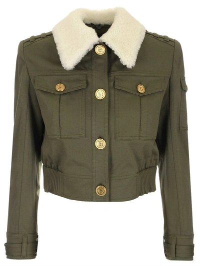Balmain Button-embellished Faux Shearling-trimmed Cotton-blend Twill Jacket In Green