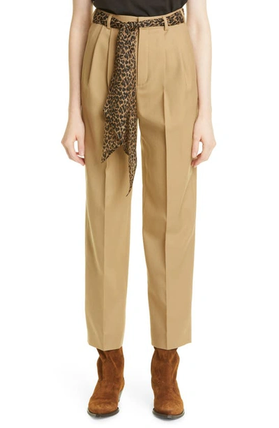 Saint Laurent Belted Wool-gabardine Straight-leg Pants In Beige