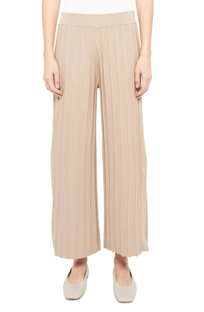 Theory Ribbed Merino Wool-blend Wide-leg Trousers In Tan
