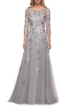 La Femme Beaded Lace Tulle A-line Gown In Silver
