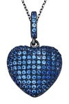 Suzy Levian Blue Cubic Zirconia Blackened Sterling Silver Pave Heart Pendant In Blue