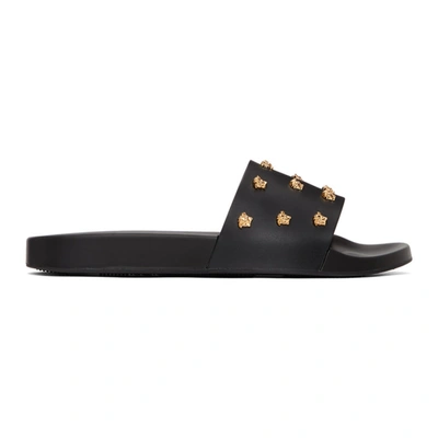 Versace Black Leather Medusa Stud Slides In Black,gold