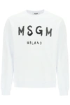 Msgm Cream Cotton Crewneck Sweatshirt With Brush Logo Print In Off White