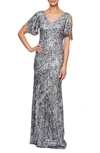 Alex Evenings Sequin Lace Cold Shoulder Trumpet Gown In Silver