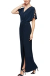 ALEX EVENINGS EMBELLISHED SLEEVE KNOT FRONT GOWN,81351544