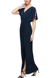 Alex Evenings Embellished Sleeve Knot Front Gown In Navy