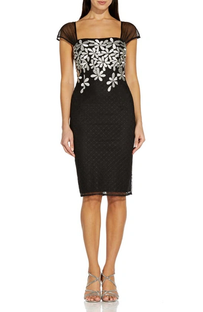 Adrianna Papell Metallic Floral Embroidered Cocktail Sheath Dress In Black