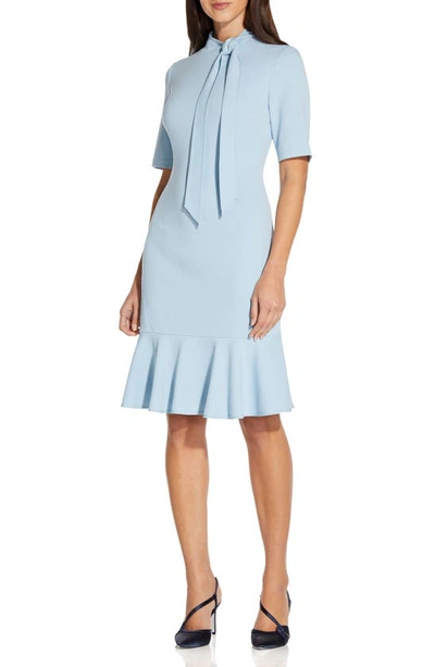 Adrianna Papell Tie Neck Short Sleeve Crepe Sheath Dress In Blue Mist