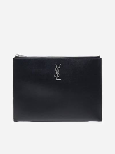 Saint Laurent Monogram Leather Tablet Holder In Black