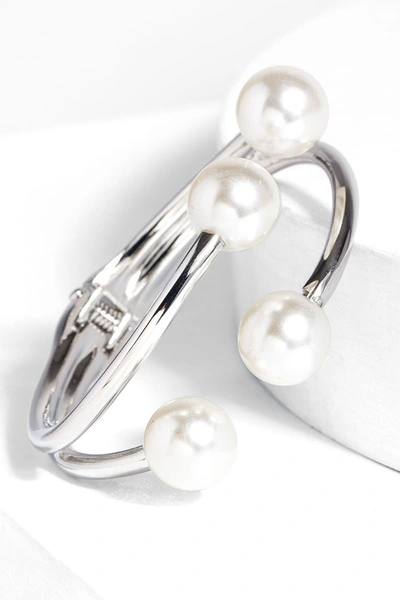 Saachi Hinged Faux Pearl Cuff In Silver