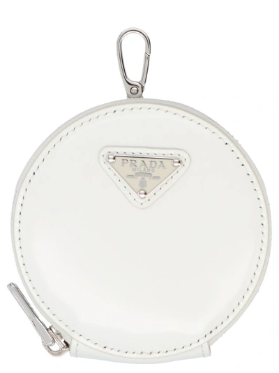 Prada Brushed Leather Round Mini Pouch In White
