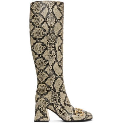 Gucci Neutral Horsebit Baby 75 Snake Print Knee-high Boots In Neutrals