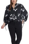 Vince Camuto Women's Plus Size Long Sleeve Floral Whisps Blouse With Ties In Rich Black