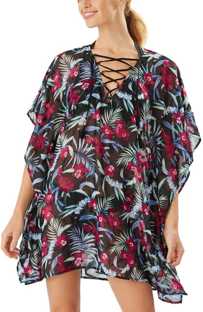 Tommy Bahama Midnight Orchid Lace-up Floral Coverup Tunic In Black