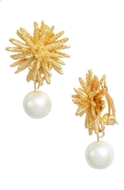 Karine Sultan Starburst Imitation Pearl Clip-on Drop Earrings In Gold