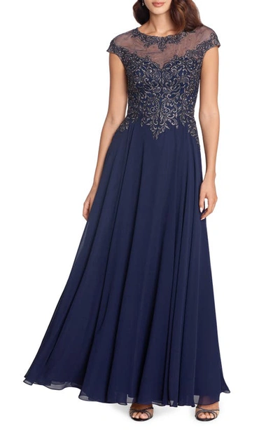 Xscape Beaded Embroidered Floral Chiffon Gown In Navy Blue/gunmetal