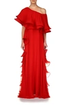 Badgley Mischka One-shoulder Pleated Ruffle Georgette Gown In Bright Siam
