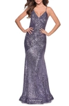La Femme Sequin Prom Gown With Drop Waist And V-neckline In Blue