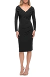 La Femme Long Sleeve Ruched Cocktail Dress In Black