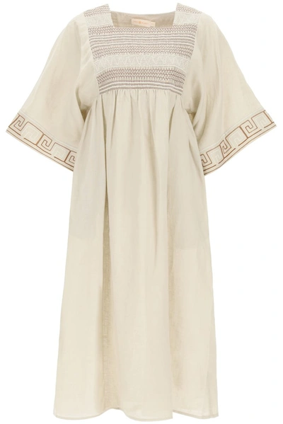 Tory Burch Embroidered Linen Caftan Dress In Beige,brown