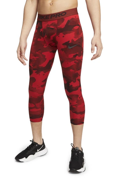 Nike Men's Pro Dri-fit Camouflage 3/4 Leggings In University Red/ Black