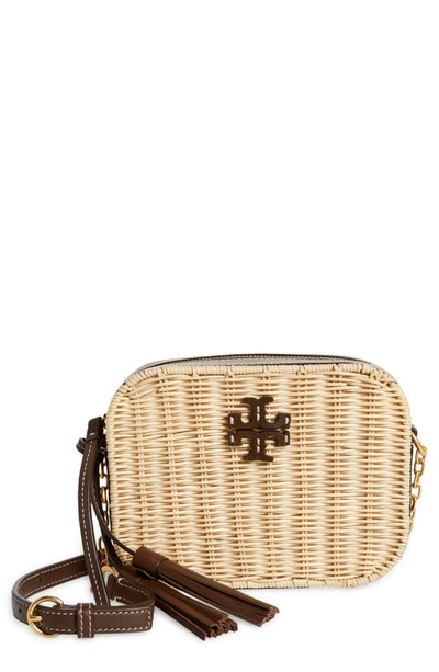 Tory Burch Mcgraw Wicker & Leather Camera Crossbody Bag In Cold Brew/gold
